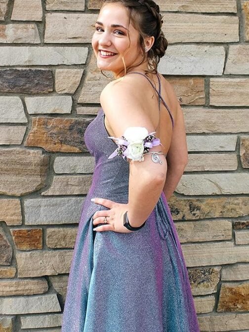 Prom Dresses Long Plus Size A Line with Pockets Formal Evening Ball Gowns Side Slit Glitter Party Dress 2021 Steel - Image 2
