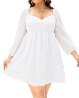 Pinup Fashion Plus Size Women's Sweetheart Neckline Puff Long Sleeve Chiffon Summer Party A-Line Mini Dresses