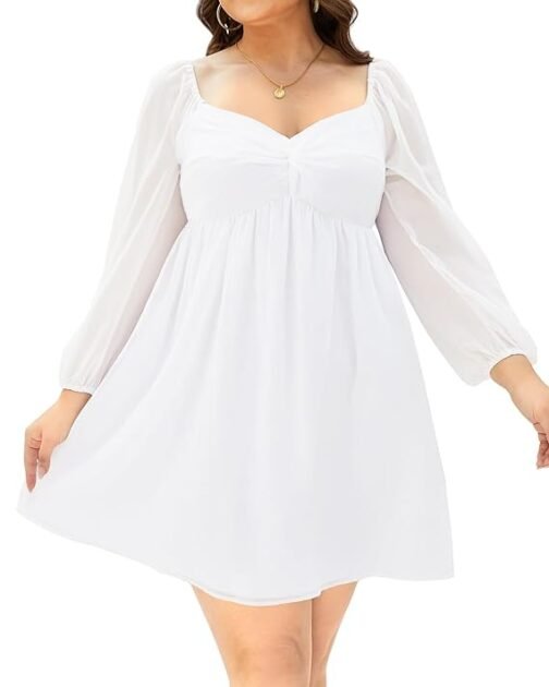 Pinup Fashion Plus Size Women's Sweetheart Neckline Puff Long Sleeve Chiffon Summer Party A-Line Mini Dresses
