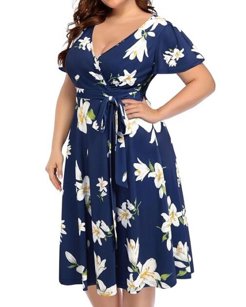 Pinup Fashion Women's Plus Size Wrap Dress V Neck Flutter Sleeve Floral Midi Dress Casual Party Bridesmaid Swing Dress - Image 4