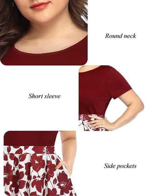 Women's Plus Size Floral Dresses Round Neck Summer Casual Party Swing Dress with Pockets - Image 4