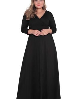 POSESHE Women's Solid V-Neck 3/4 Sleeve Plus Size Evening Party Maxi Dress