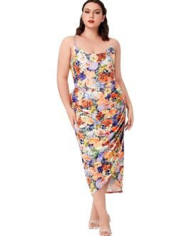 Floerns Women's Plus Size Satin Spaghetti Strap Cowl Neck Wrap Party Cami Dress