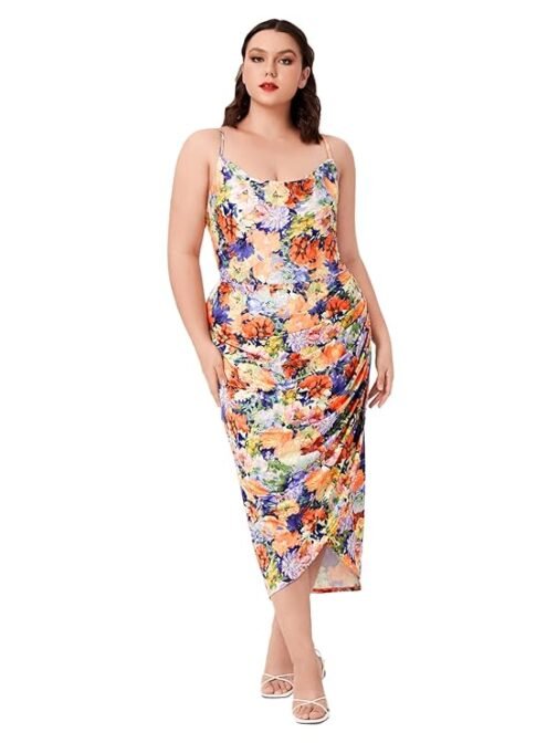 Floerns Women's Plus Size Satin Spaghetti Strap Cowl Neck Wrap Party Cami Dress