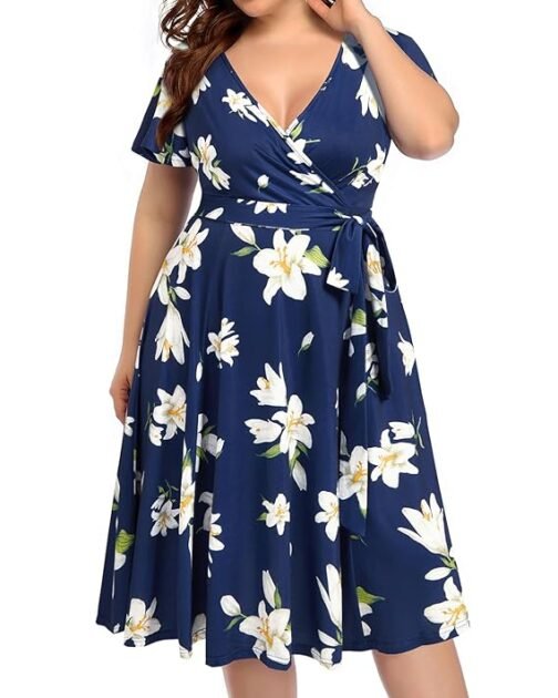 Pinup Fashion Women's Plus Size Wrap Dress V Neck Flutter Sleeve Floral Midi Dress Casual Party Bridesmaid Swing Dress - Image 3