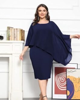 KIMCURVY Plus Size Cape Dress for Women Pencil Dress with Chiffon Overlay Wedding Cocktail Party Midi Dress, Navy Blue, 22 Plus