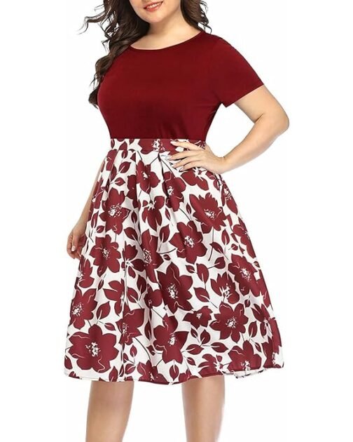 Women's Plus Size Floral Dresses Round Neck Summer Casual Party Swing Dress with Pockets - Image 3