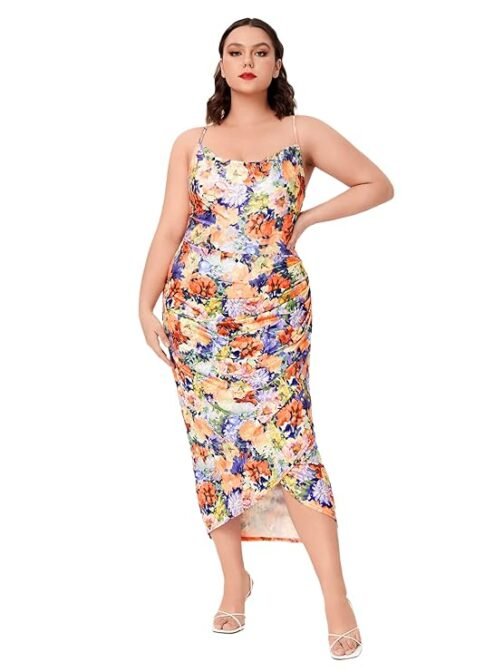 Floerns Women's Plus Size Satin Spaghetti Strap Cowl Neck Wrap Party Cami Dress - Image 3