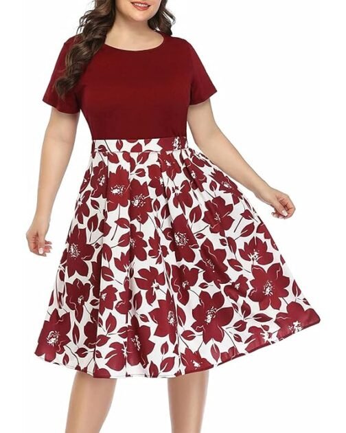 Women's Plus Size Floral Dresses Round Neck Summer Casual Party Swing Dress with Pockets