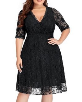 Women's Plus Size Lace Scooped Neckline Half Sleeve Cocktail Wedding Midi Dress