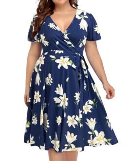 Pinup Fashion Women's Plus Size Wrap Dress V Neck Flutter Sleeve Floral Midi Dress Casual Party Bridesmaid Swing Dress