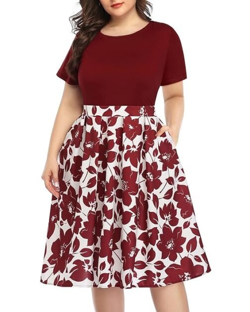 Women's Plus Size Floral Dresses Round Neck Summer Casual Party Swing Dress with Pockets - Image 2