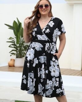 kissmay Plus Size Womens V Neck Floral Cocktail Party Midi Dresses with Pocket