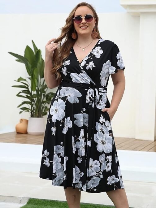 kissmay Plus Size Womens V Neck Floral Cocktail Party Midi Dresses with Pocket
