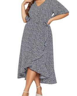 Keluummi Plus Size Women 2023 Spring Boho Floral Tiered Maxi Wedding Guest Dress Party Dress with Pocket Short Sleeve V Neck, 03 - Navy Blue Floral, 22 Plus