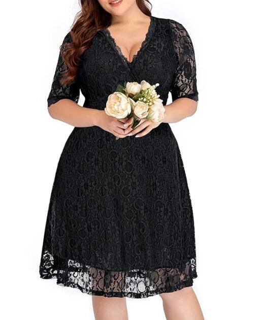 Women's Plus Size Lace Scooped Neckline Half Sleeve Cocktail Wedding Midi Dress - Image 2
