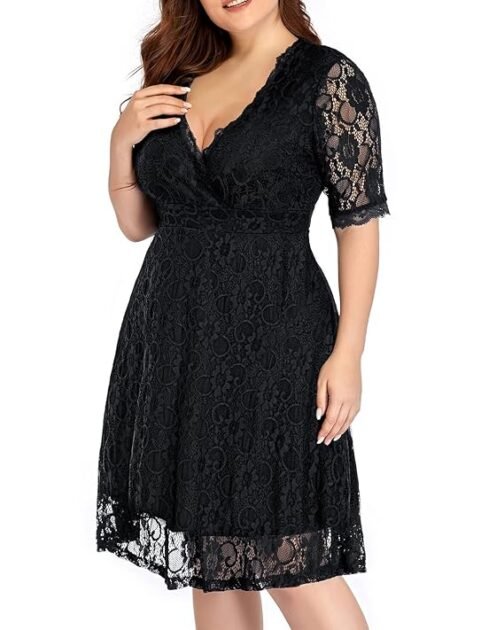 Women's Plus Size Lace Scooped Neckline Half Sleeve Cocktail Wedding Midi Dress - Image 3