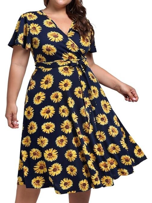 kissmay Plus Size Womens V Neck Floral Cocktail Party Midi Dresses with Pocket - Image 3