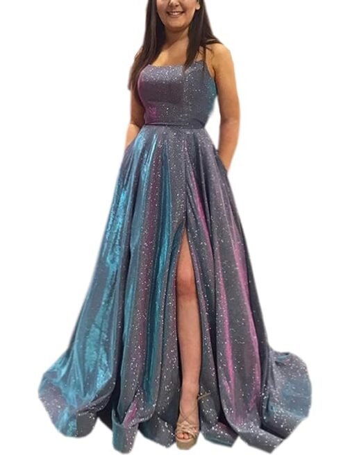 Prom Dresses Long Plus Size A Line with Pockets Formal Evening Ball Gowns Side Slit Glitter Party Dress 2021 Steel