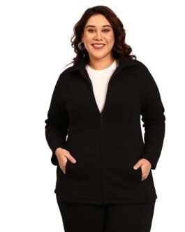 The Pink Moon Women's Cotton Regular Fit Plus Size Terry Cotton Jacket With Zip And Spread Collar - (JCKT_MIMSJ_BLK)