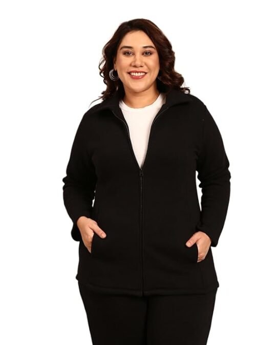 The Pink Moon Women's Cotton Regular Fit Plus Size Terry Cotton Jacket With Zip And Spread Collar - (JCKT_MIMSJ_BLK)