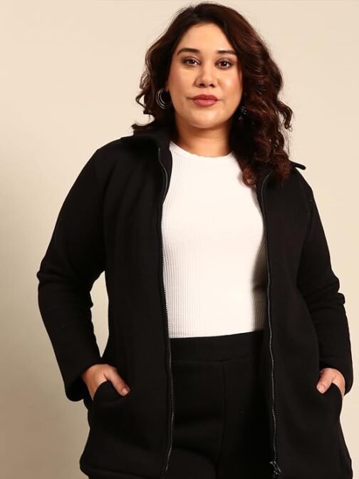 The Pink Moon Women's Cotton Regular Fit Plus Size Terry Cotton Jacket With Zip And Spread Collar - (JCKT_MIMSJ_BLK) - Image 4