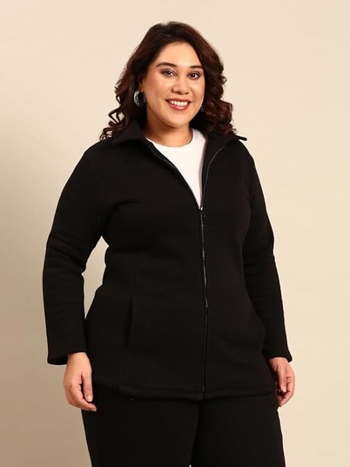 The Pink Moon Women's Cotton Regular Fit Plus Size Terry Cotton Jacket With Zip And Spread Collar - (JCKT_MIMSJ_BLK) - Image 5