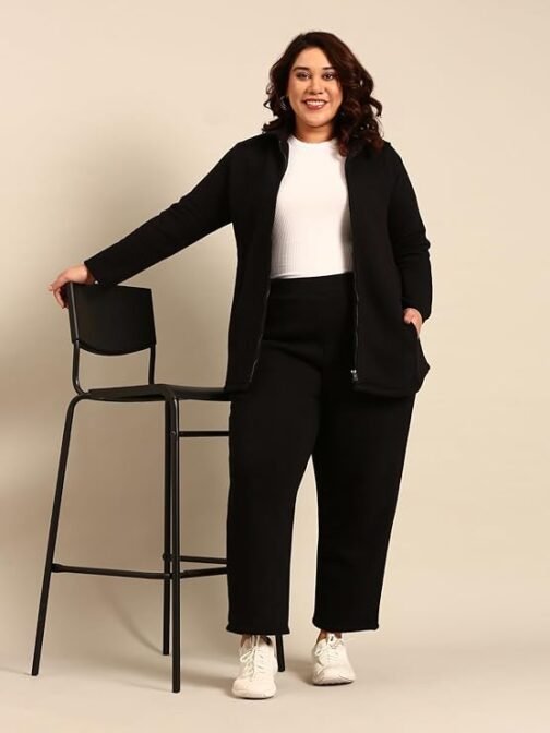 The Pink Moon Women's Cotton Regular Fit Plus Size Terry Cotton Jacket With Zip And Spread Collar - (JCKT_MIMSJ_BLK) - Image 6