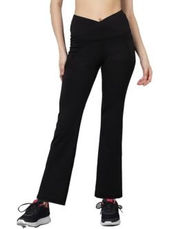 Rock Paper Scissors Premium Flare Gym Pants High Waist Stretchable Flared Leggings with Pockets & Cross Belt Gym wear/Active Wear Tights Yoga Pants Zumba/Dance Womens Workout Tights Gym Tight Black