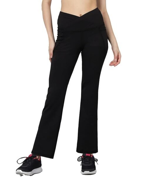 Rock Paper Scissors Premium Flare Gym Pants High Waist Stretchable Flared Leggings with Pockets & Cross Belt Gym wear/Active Wear Tights Yoga Pants Zumba/Dance Womens Workout Tights Gym Tight Black
