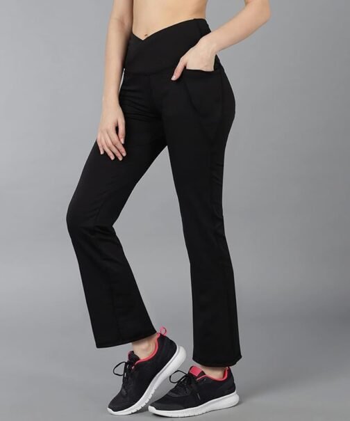 Rock Paper Scissors Premium Flare Gym Pants High Waist Stretchable Flared Leggings with Pockets & Cross Belt Gym wear/Active Wear Tights Yoga Pants Zumba/Dance Womens Workout Tights Gym Tight Black - Image 3